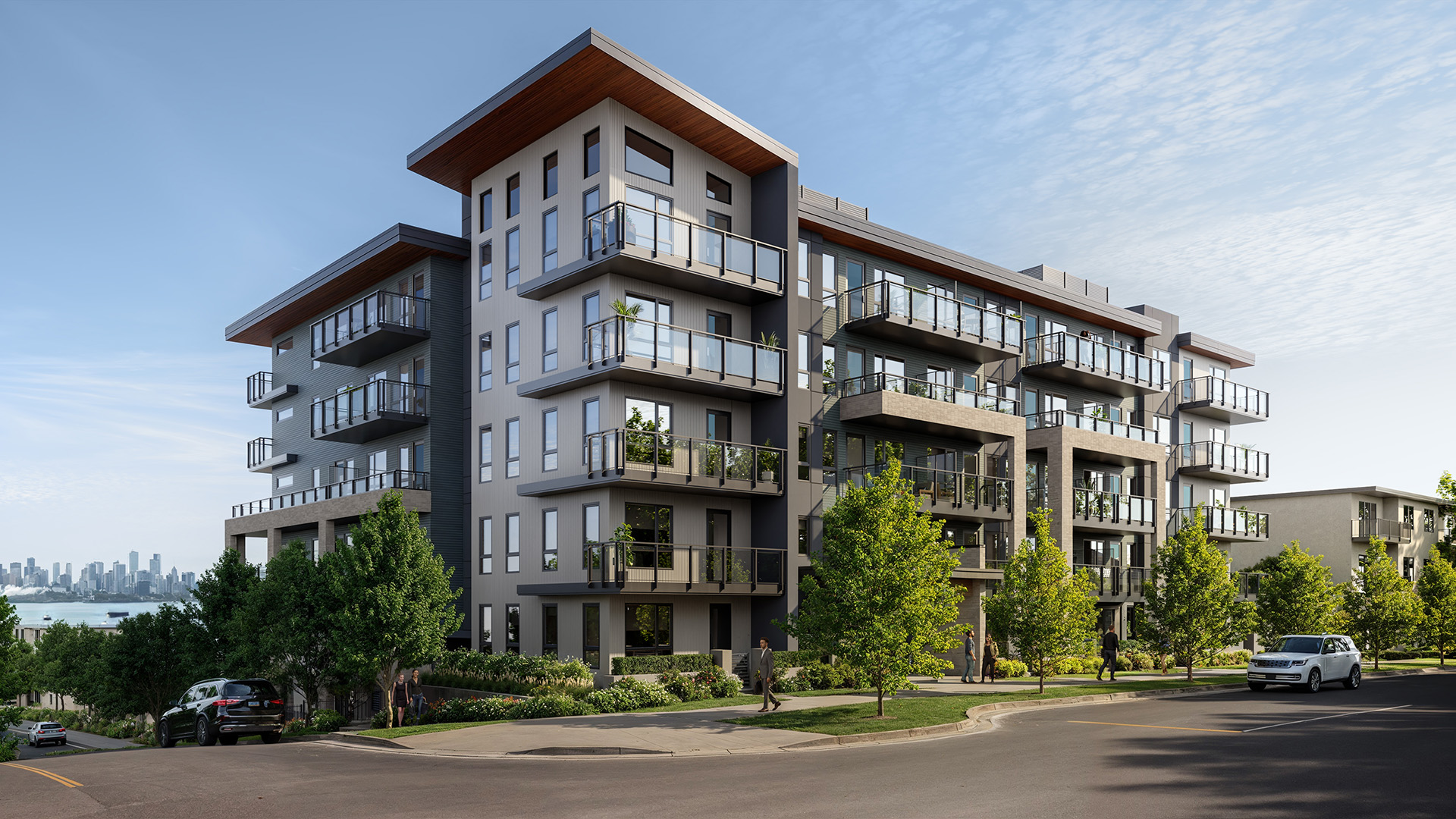 Carrie — corner elevation with Vancouver skyline